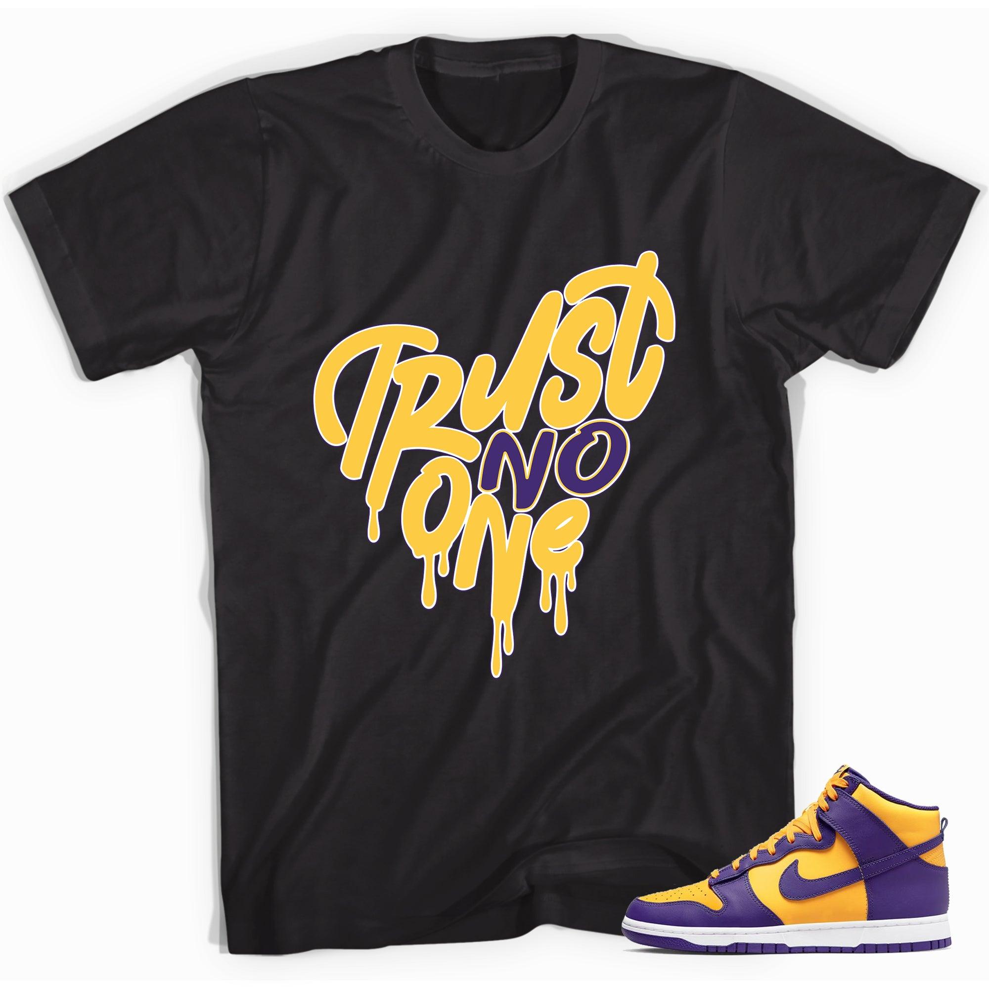 Black Trust No One Heart Shirt Nike Dunk High Lakers photo