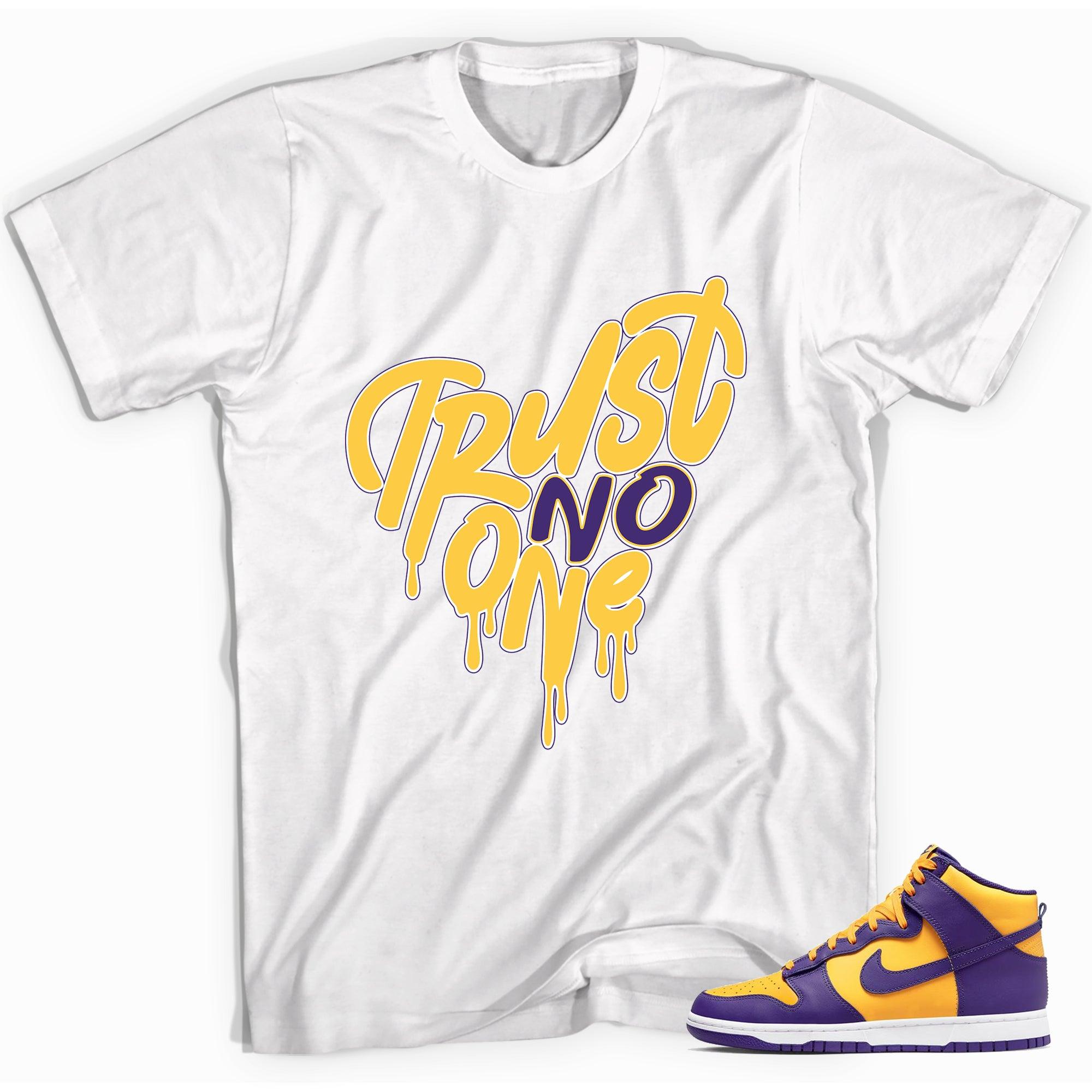 White Trust No One Heart Shirt Nike Dunk High Lakers photo