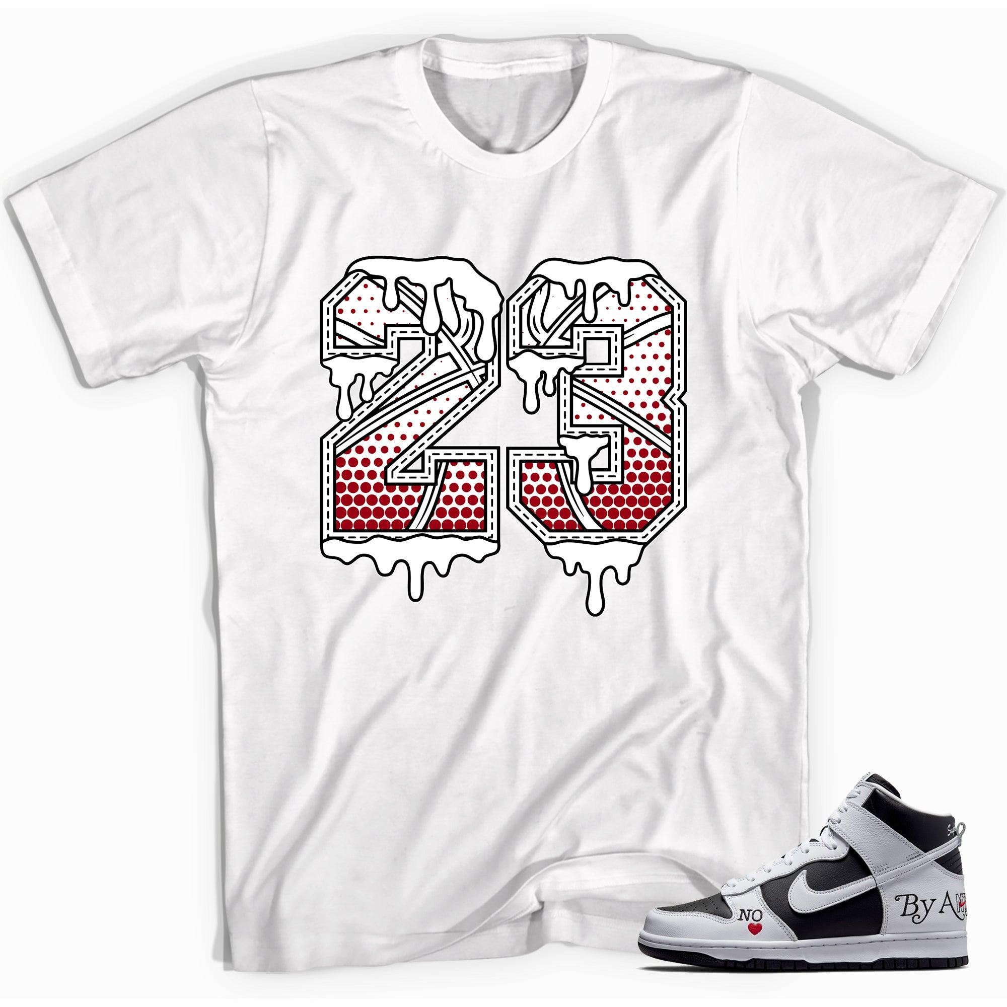 White 23 Drip Sneaker Shirt Nike SB Dunk High Supreme By Any Means Black photo