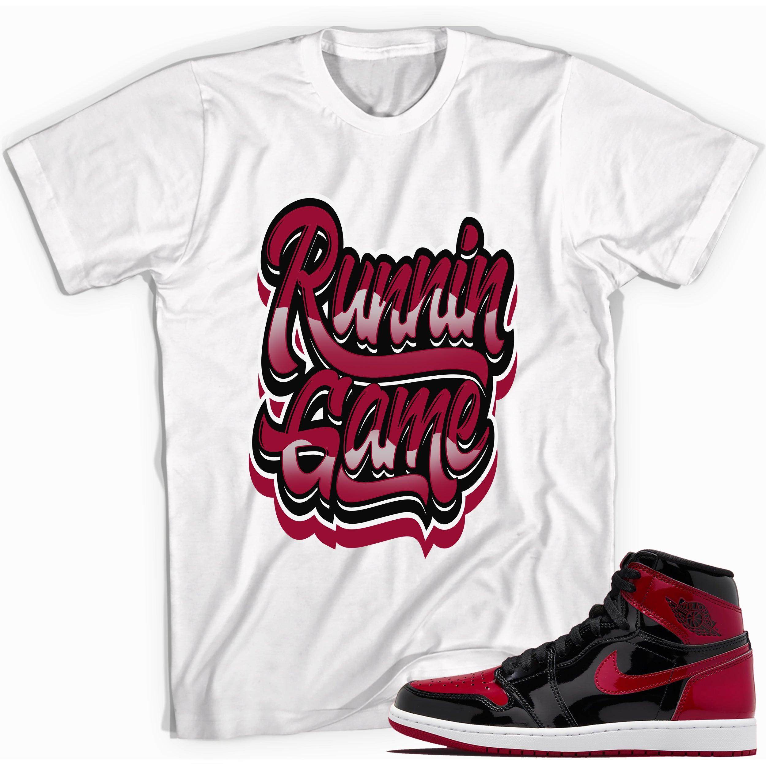 White Runnin Game Shirt for Jordan 1s Bred Patent photo