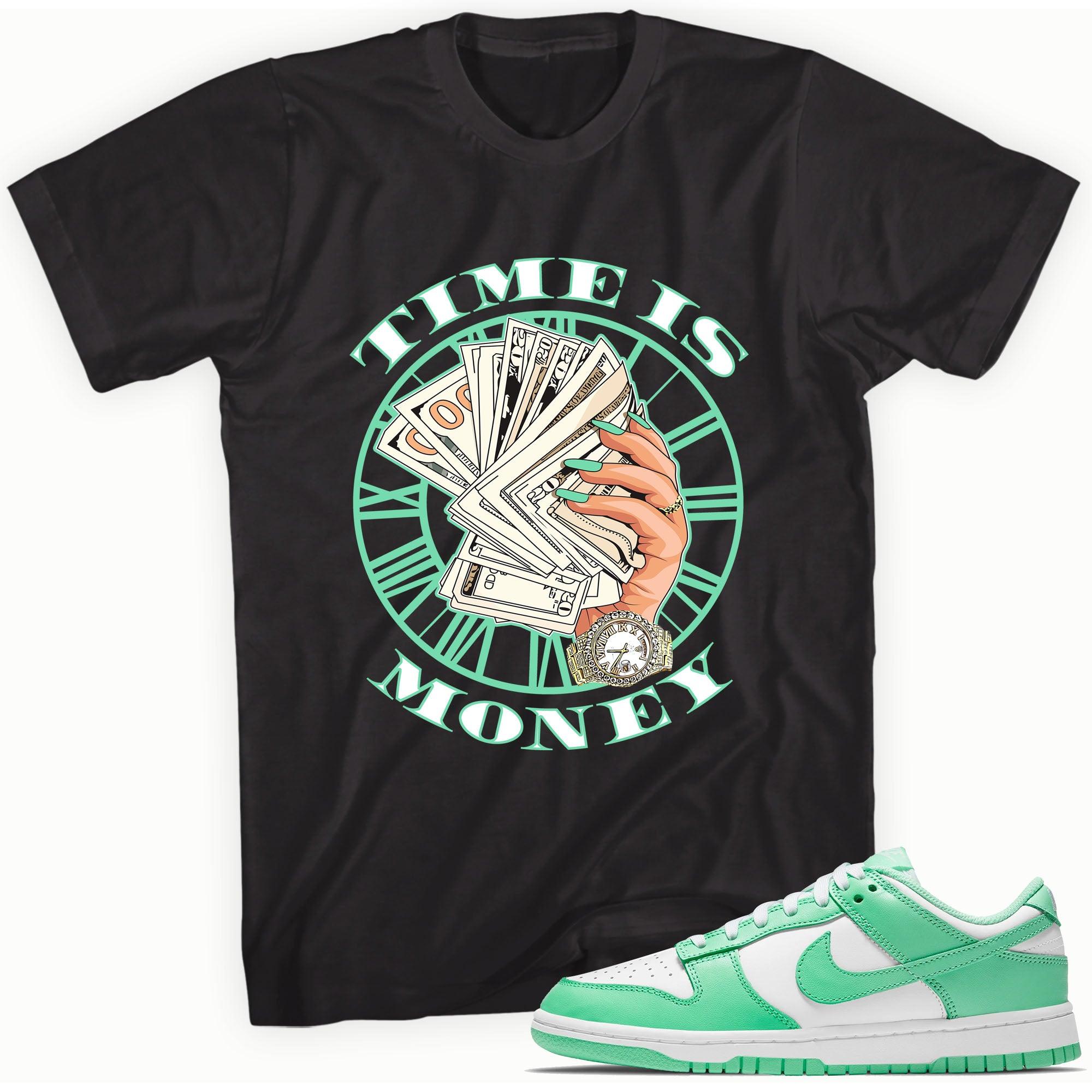 Black Time Is Money Shirt Nike Dunks Low Green Glow photo
