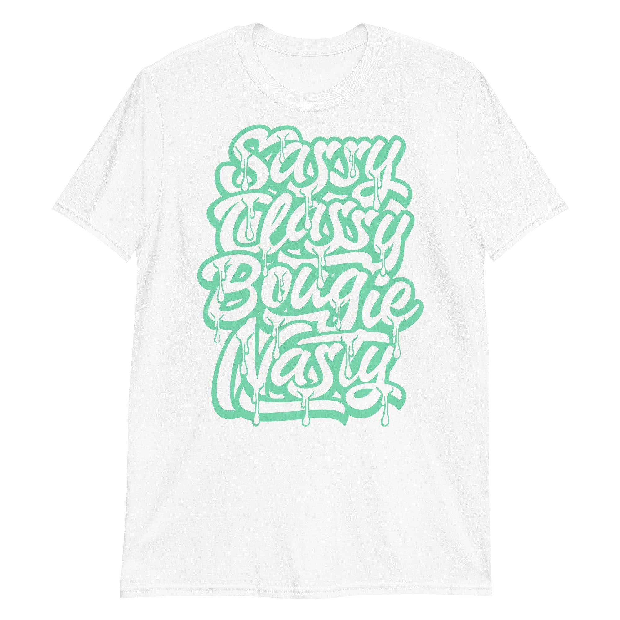 White Sassy Classy Shirt Nike Dunk Low Green Glow photo
