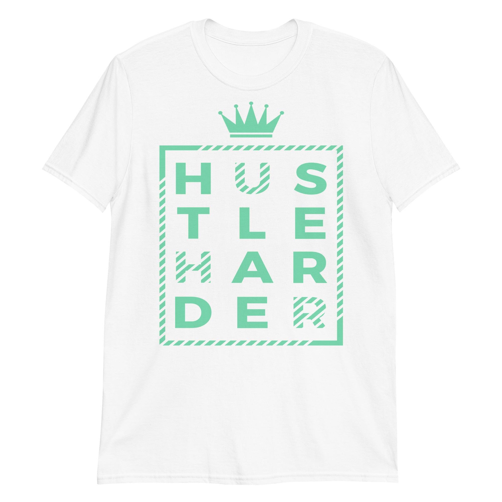 White Hustle Harder Shirt Nike Dunks Low Green Glow photo