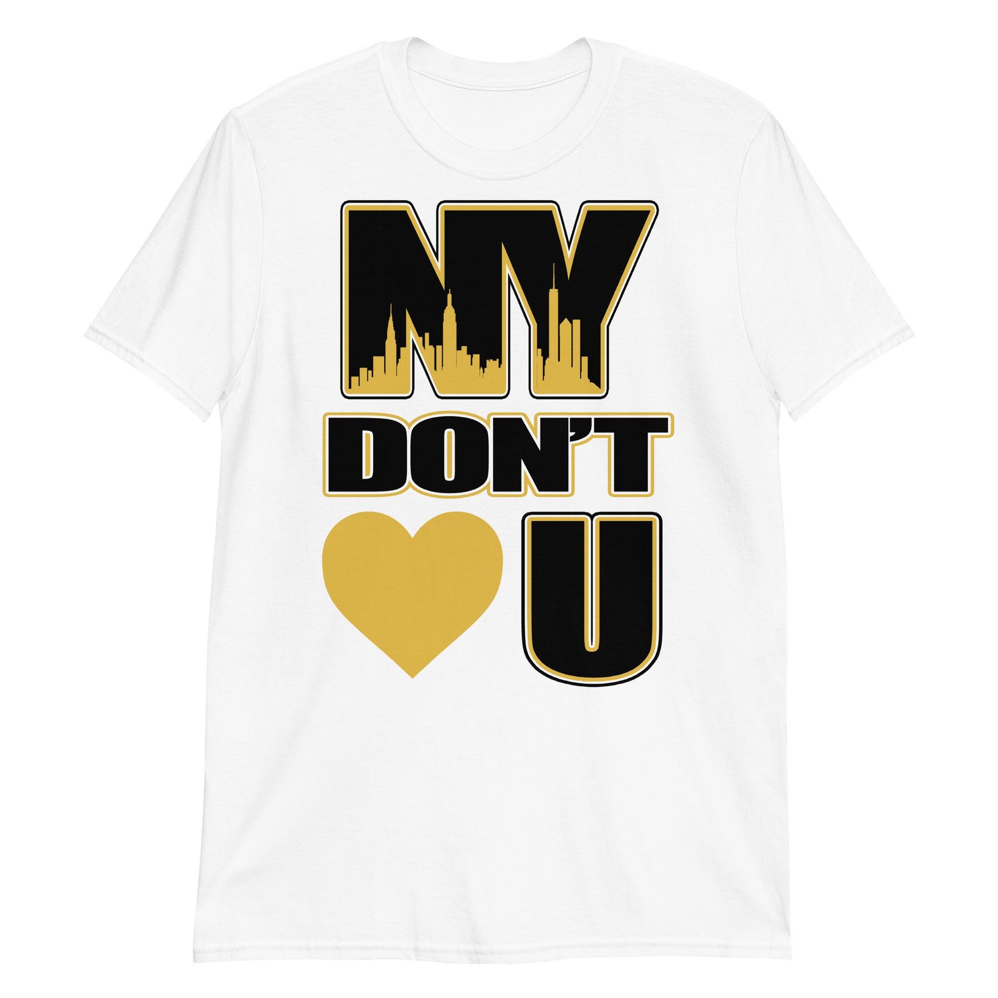 White NY Don't Love You Shirt Nike Dunk Low Goldenrod photo