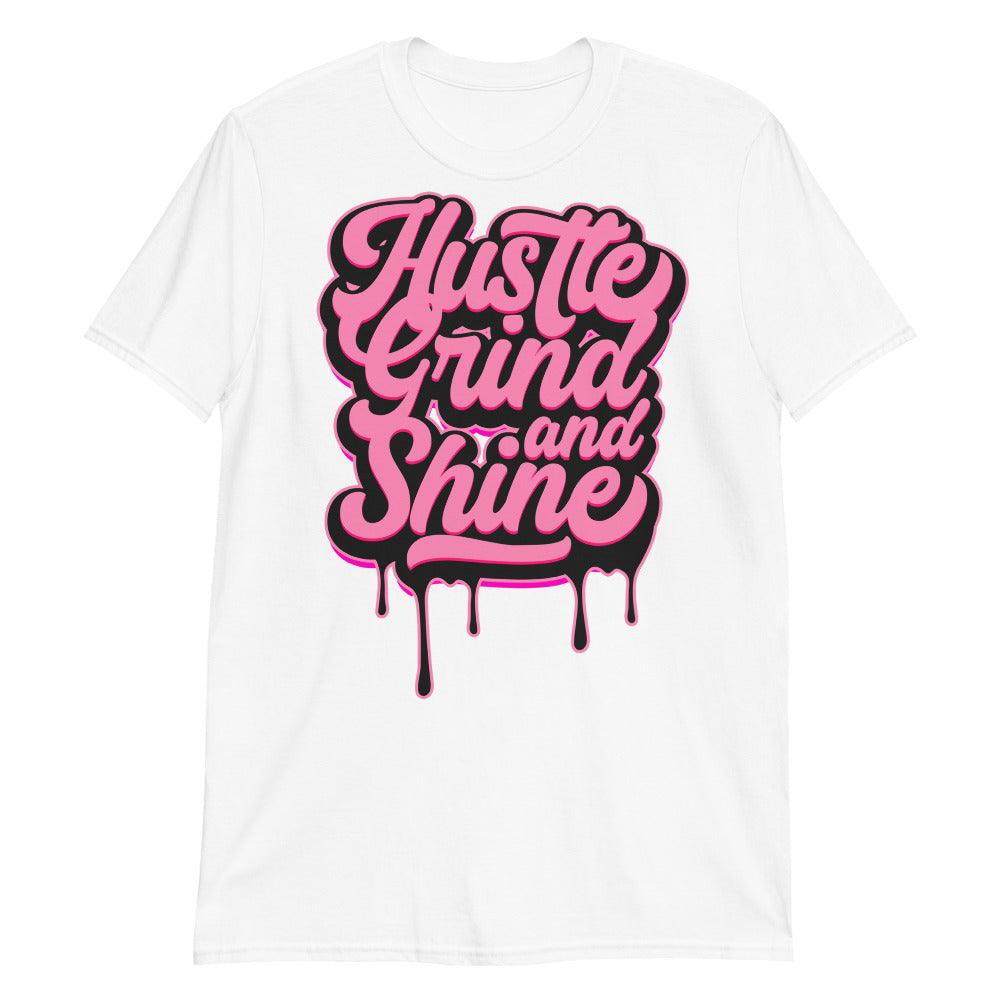 White Hustle Grind Shine Shirt Jordan 14s Low Shocking Pink photo