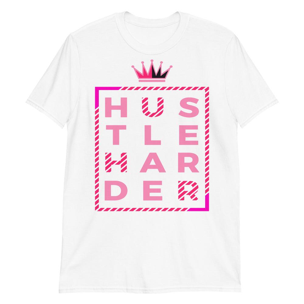 White Hustle Harder Shirt Jordan 14s Low Shocking Pink photo
