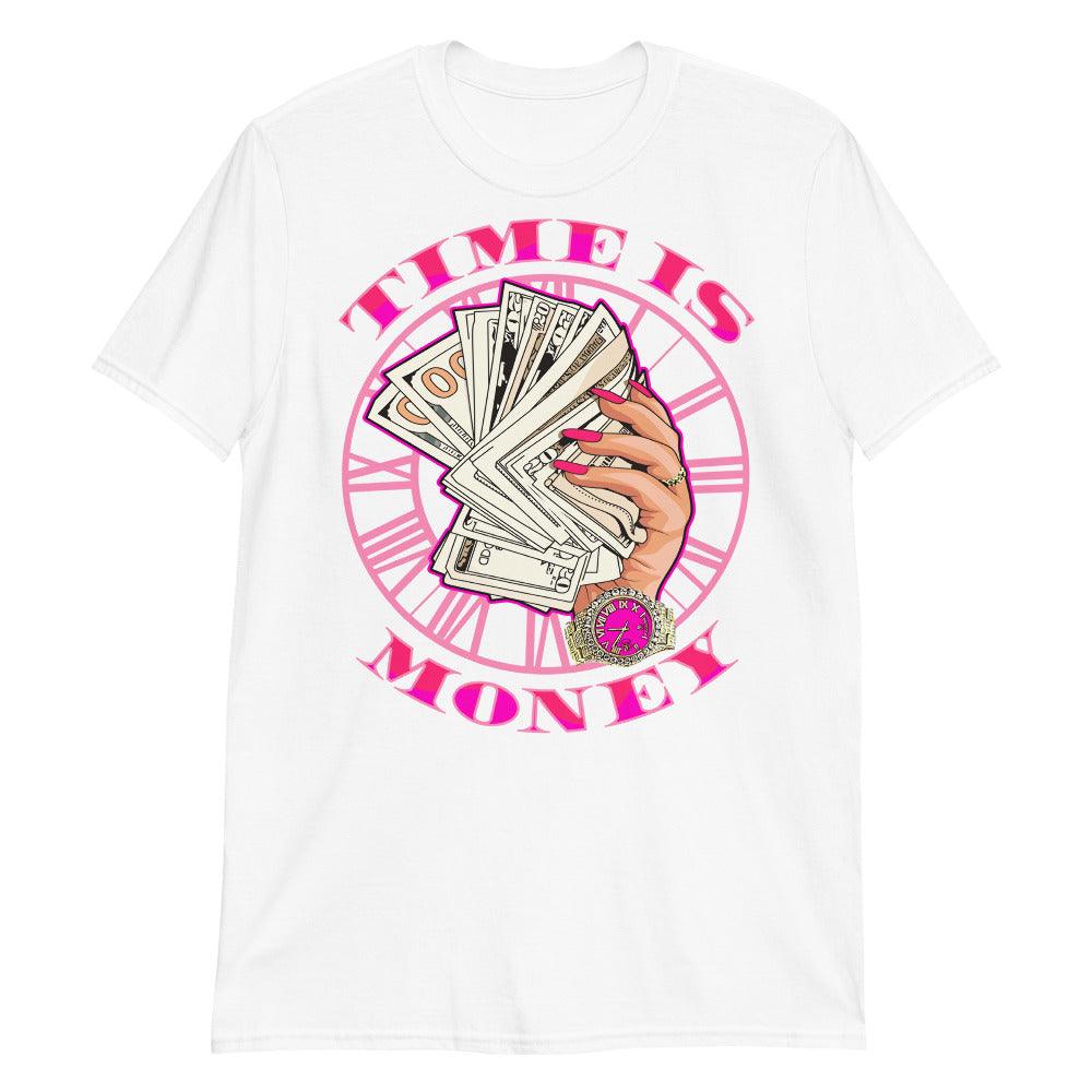 White Time Is Money Shirt Jordan 14s Low Shocking Pink photo