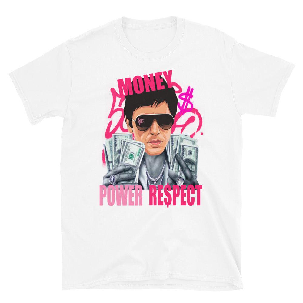 White Tony Montana Shirt AJ 14s Low Shocking Pink photo