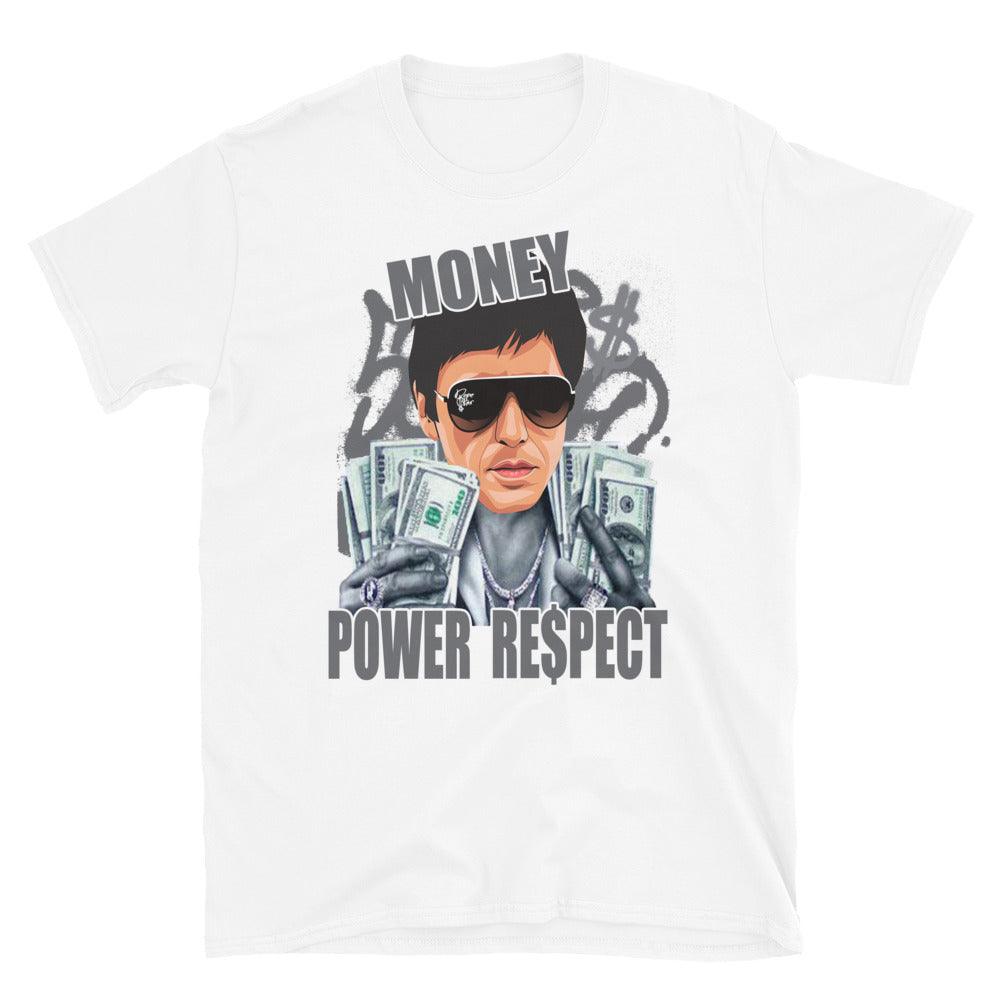White Money Power Respect Shirt AJ 1 High OG Stealth photo