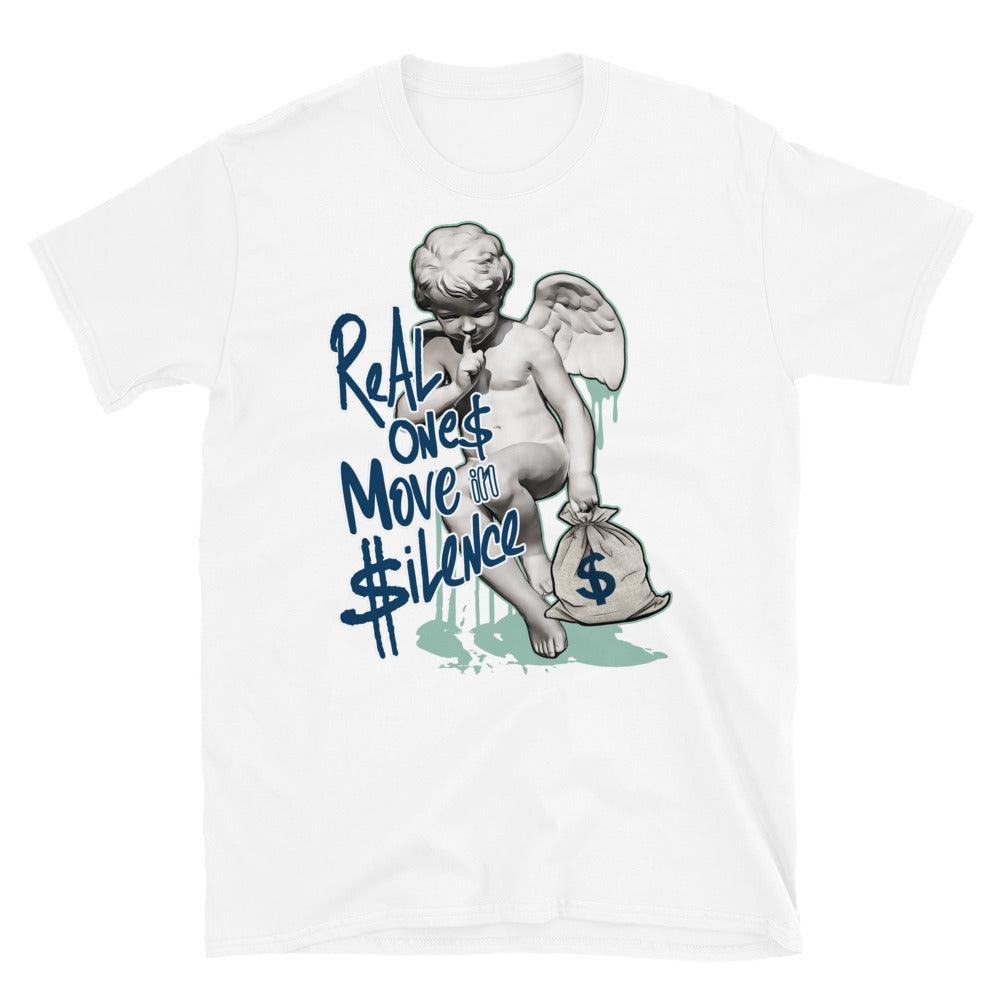 White Real Ones Move In Silence Shirt AJ 1 Mid Mystic Navy Mint Foam photo