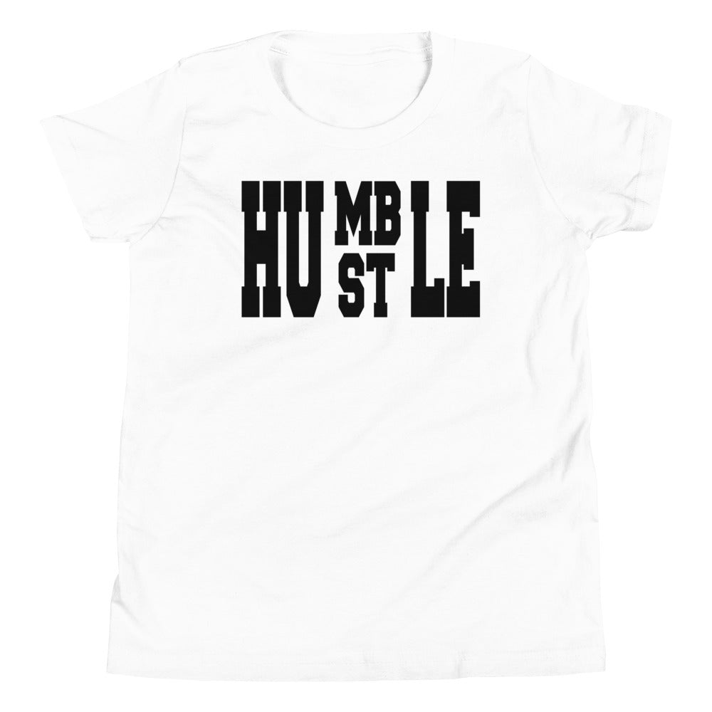 white youth Humble Hustle Shirt Nike Dunk High Panda GS photo